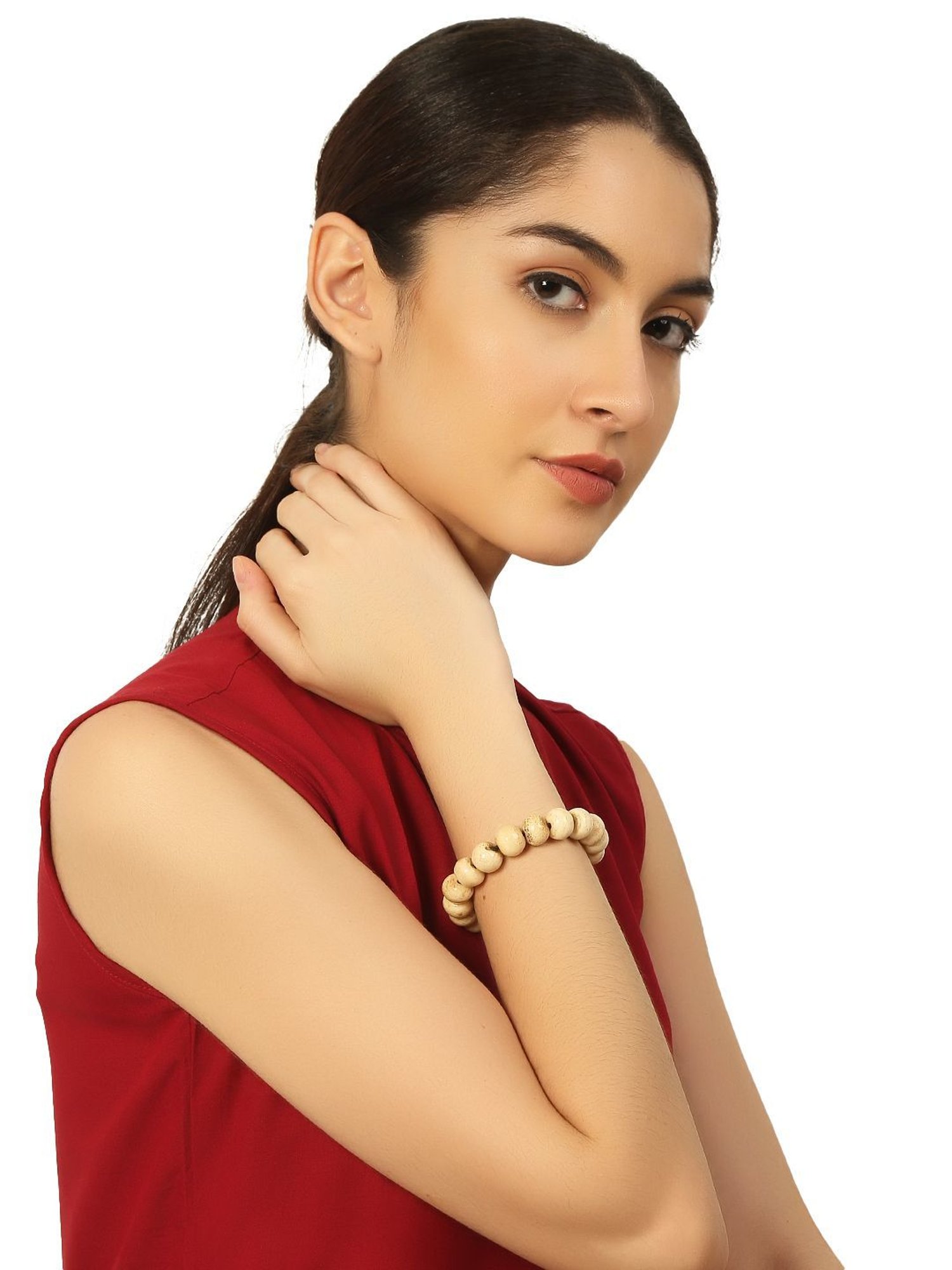 IMLI STREET Off White Artificial Beaded Stretchable Bracelet for Women