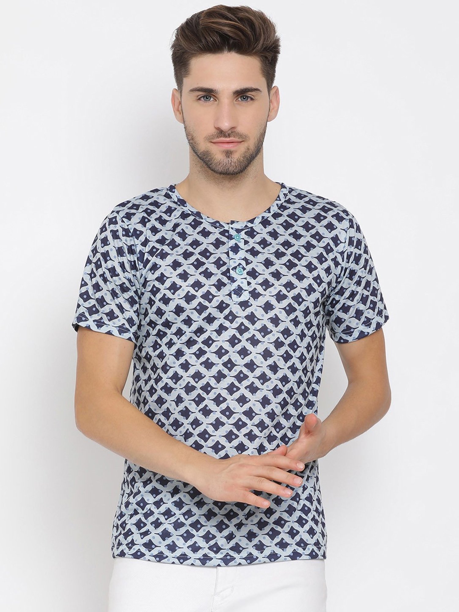 Hangup Plus Navy & Grey Regular Fit Printed Henley T-Shirt