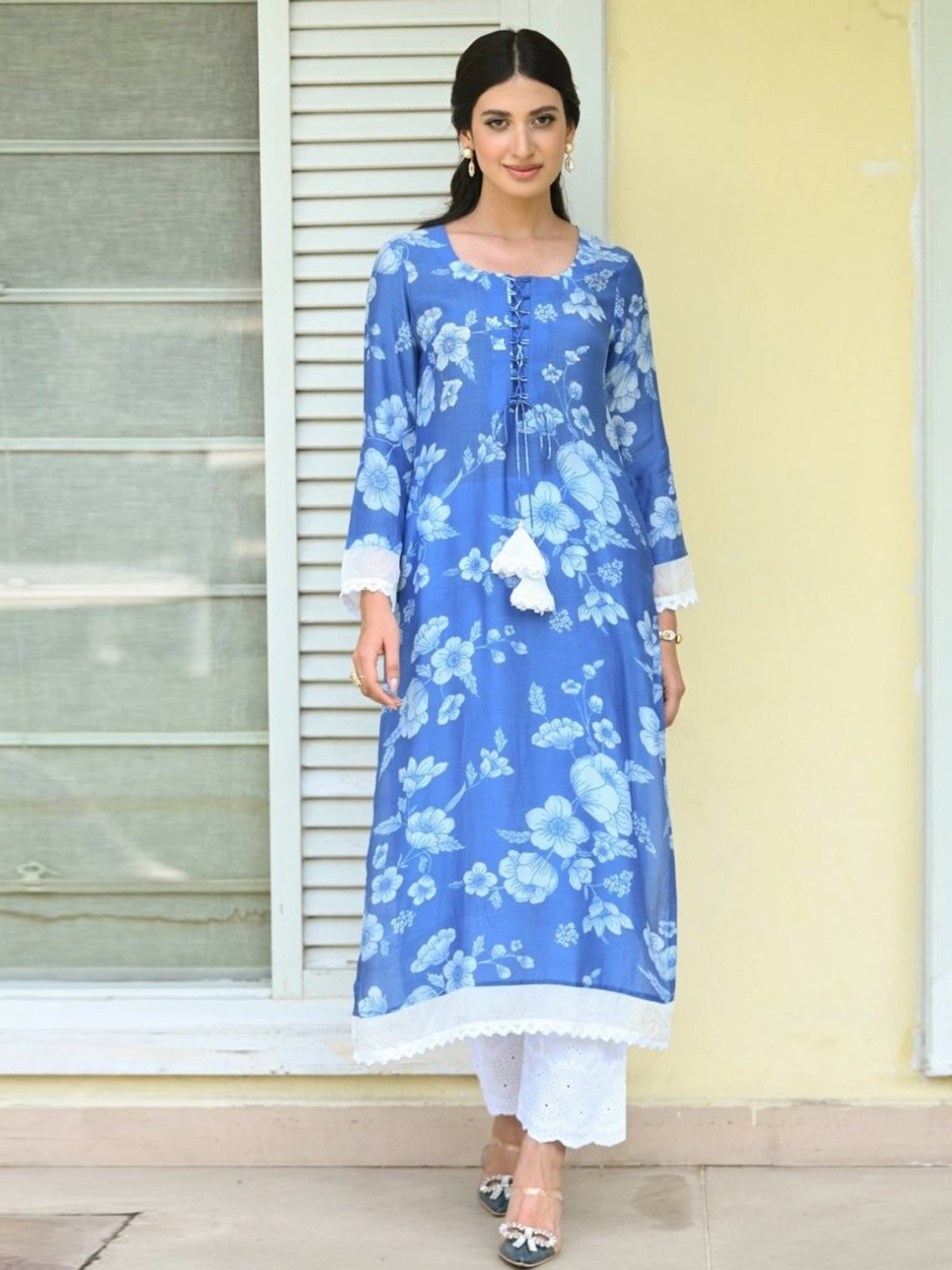 Mahee Jaipur Blue Bloom Muslin Kurti with Pant