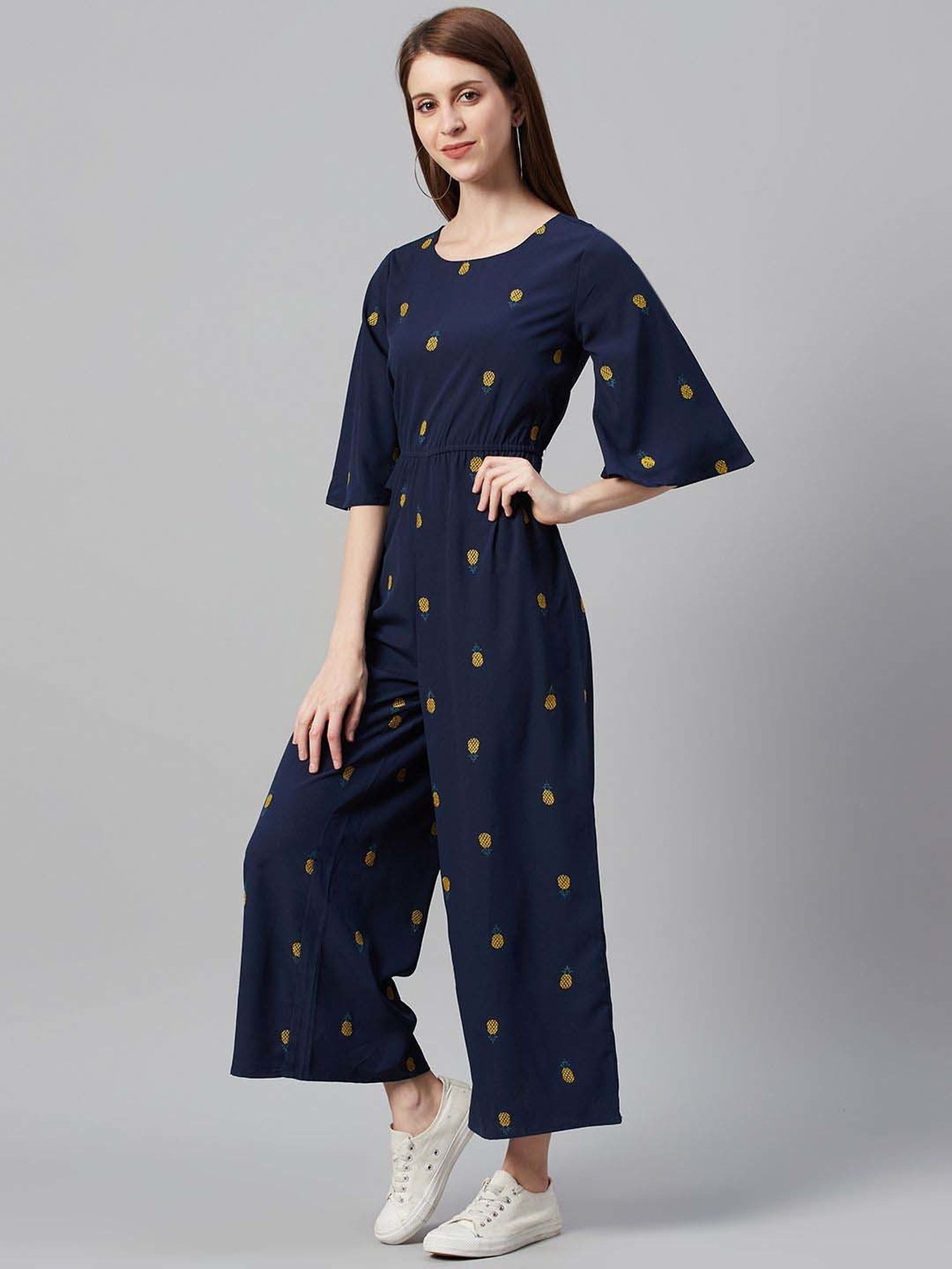 Juniper Dark Blue Quirky Printed Poly Crepe Jumpsuit With Thread Work Embroidery