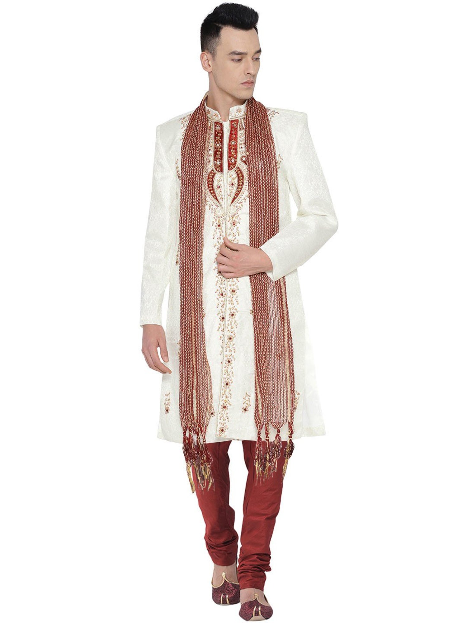 SG LEMAN Cream Regular Fit Embellished Sherwani Set