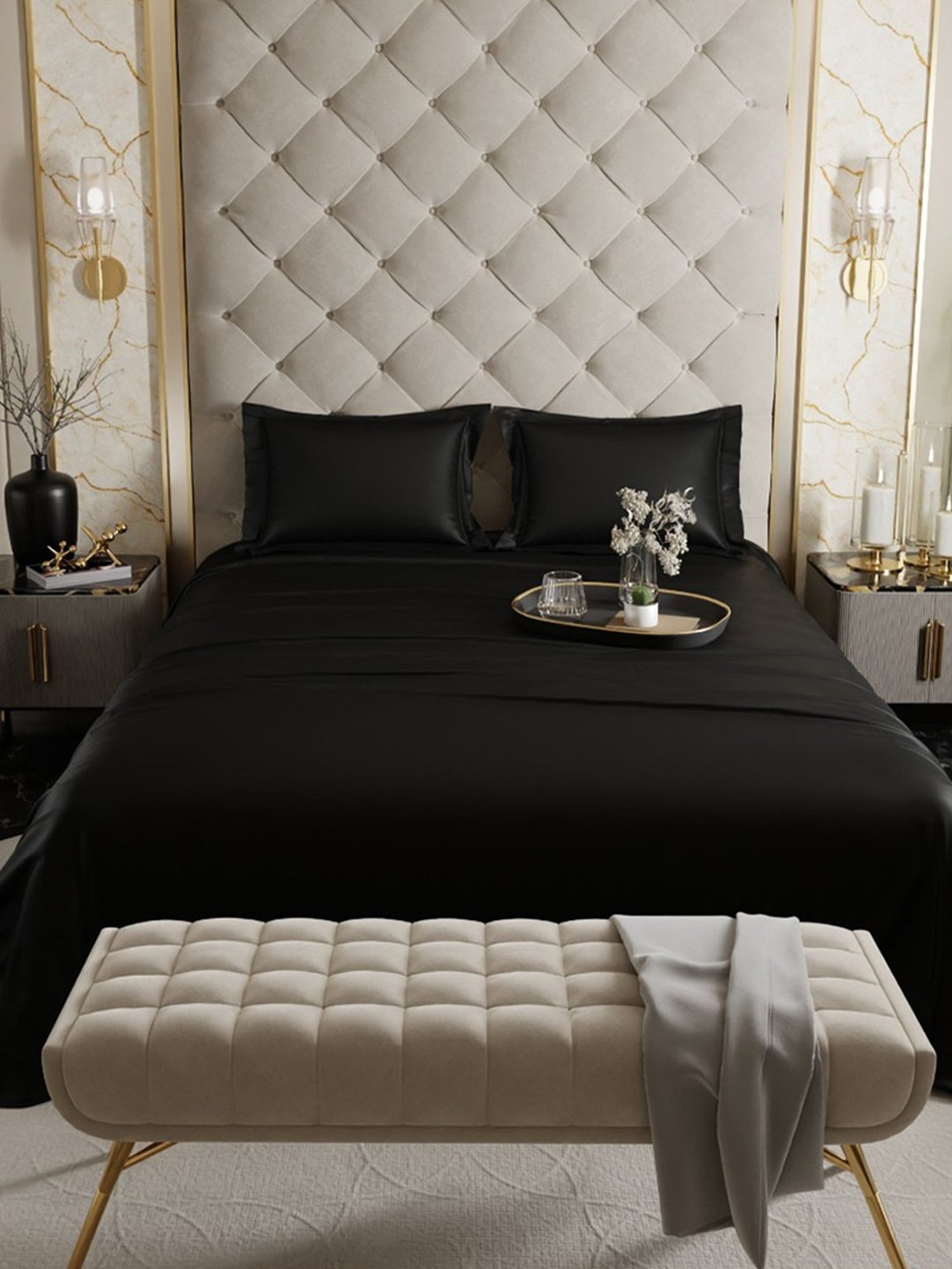 Stoa Paris Date Night Black Polyester 300 TC King Bedsheet with 2 Pillow Covers