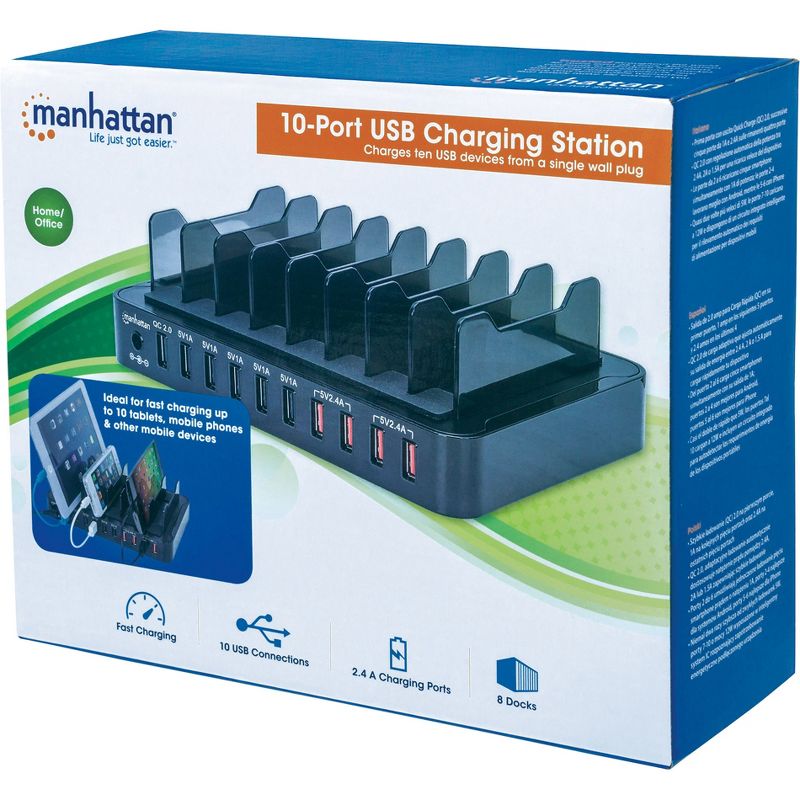 Manhattan 10-Port USB Charging Station - 120 V AC, 230 V AC Input - 9 V DC/2.40 A, 5 V DC, 12 V DC Output