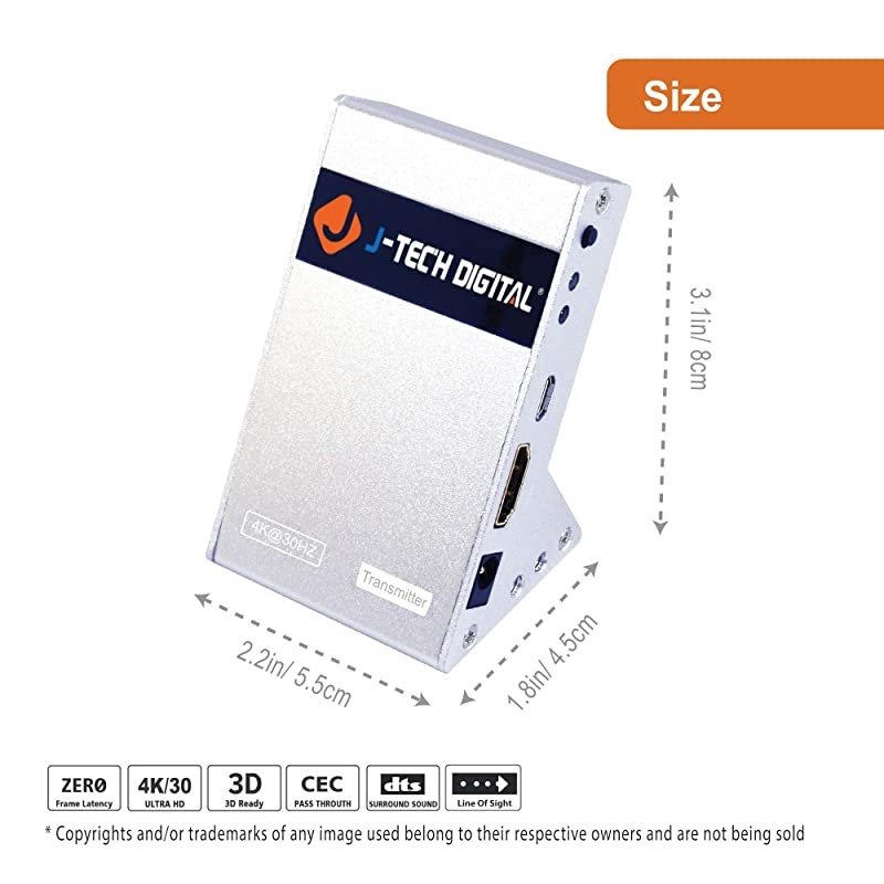 Wireless HDMI 4K Extender Zero Latency 30M (100ft) 4K@30Hz HDCP 1.4 with CEC Function for Gaming, Live TV and Desktop Computer [JTECH-WEX-60GA]