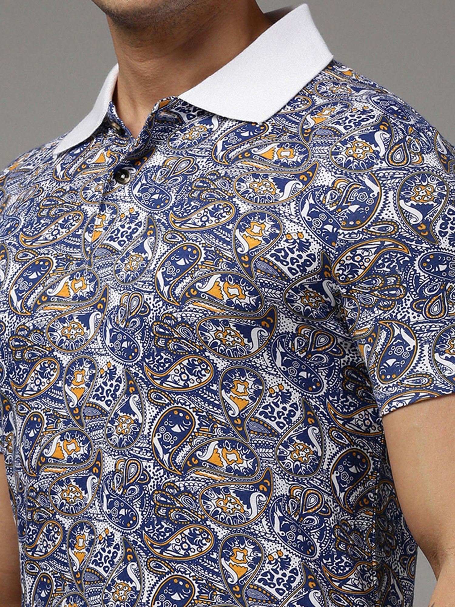 Kryptic White & Blue Regular Fit Printed Polo T-Shirt