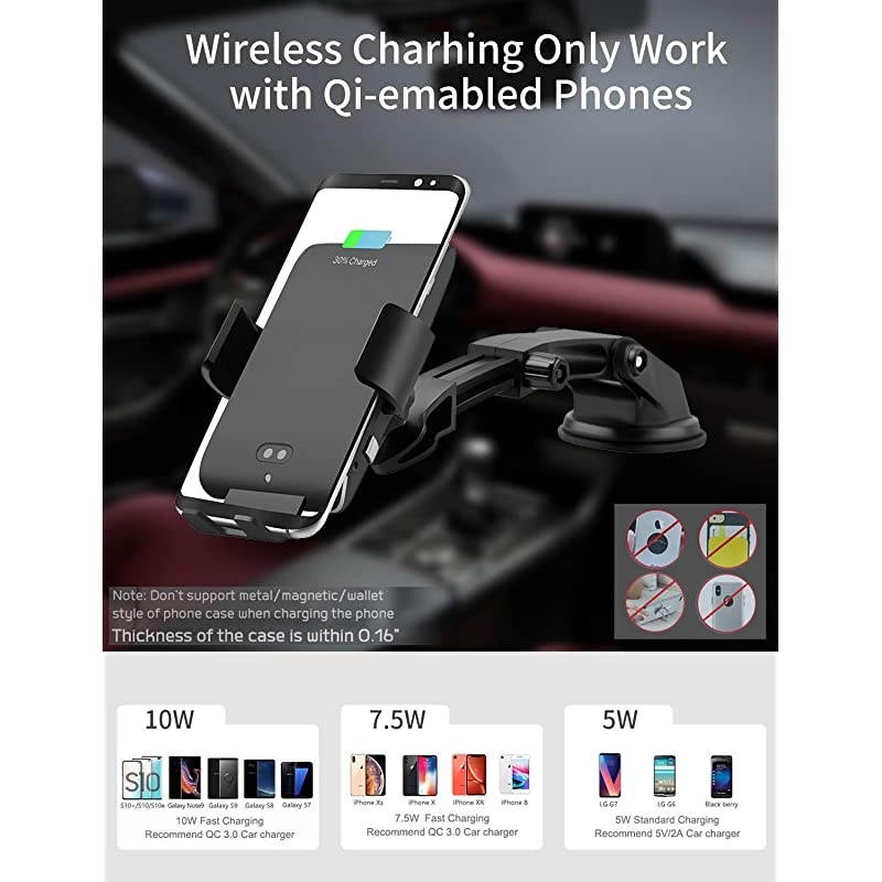 Wireless Car Charger Automatic Clamping 10W Qi Fast Charging Car Charger Mount Compatible with iPhone 12/12pro/12 pro max/11/11pro/11pro MAX/Xs MAX/XS/XR/X/8/8p Samsung S10/S10+/S9/S9+/S8/S8+