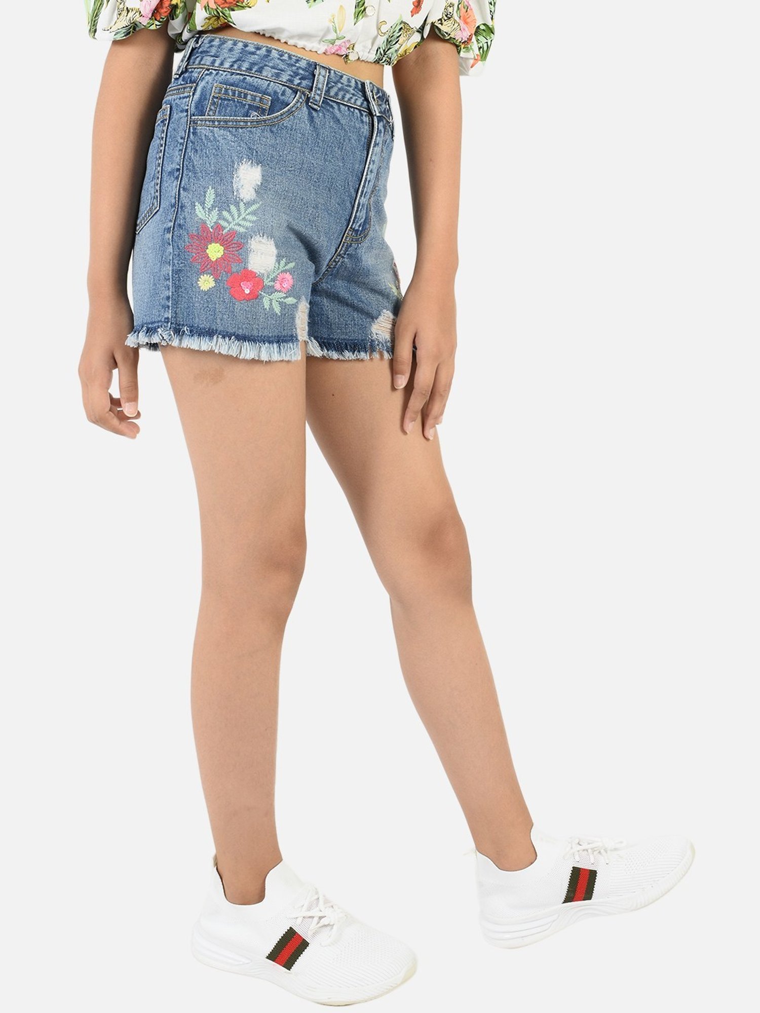 Nauti Nati Kids Blue Cotton Embroidered Shorts
