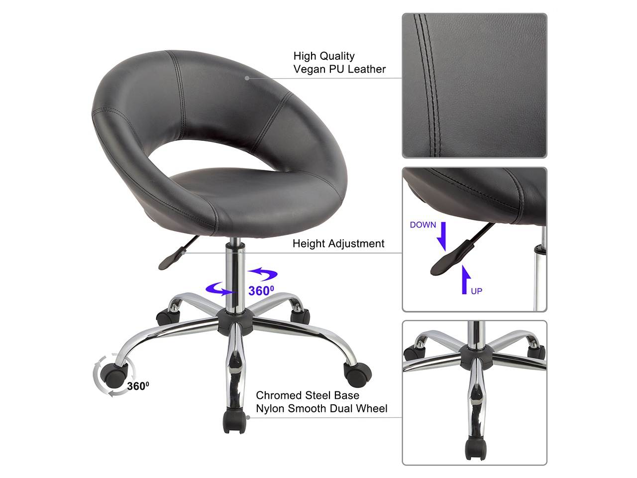 Swivel Height Adjustable Office Chair PU Leather Task Chairs Stool with Wheels