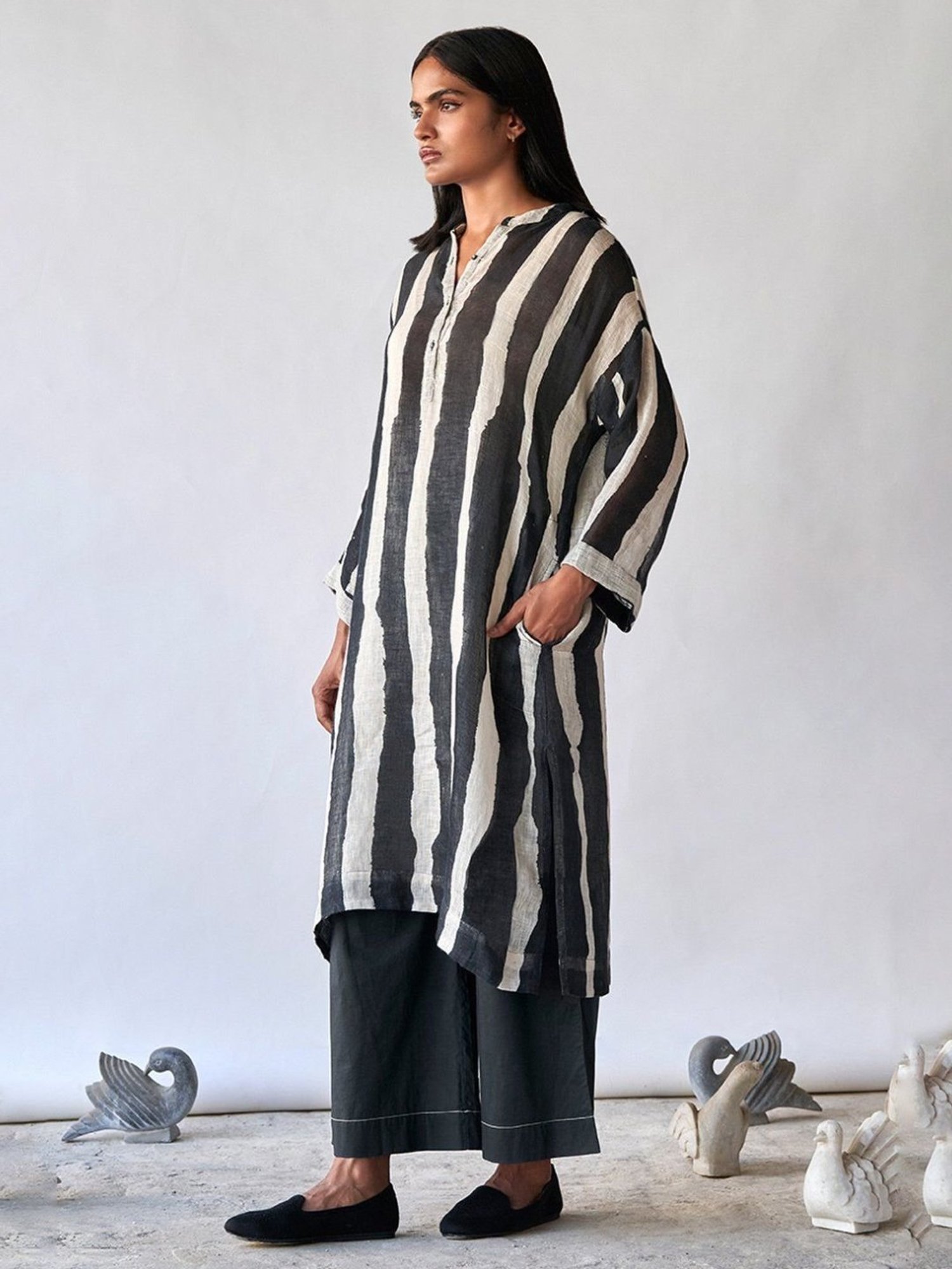 Ganga Fashions Black & Tofu Stripe Linen Kurta with Pant Co-ords Set