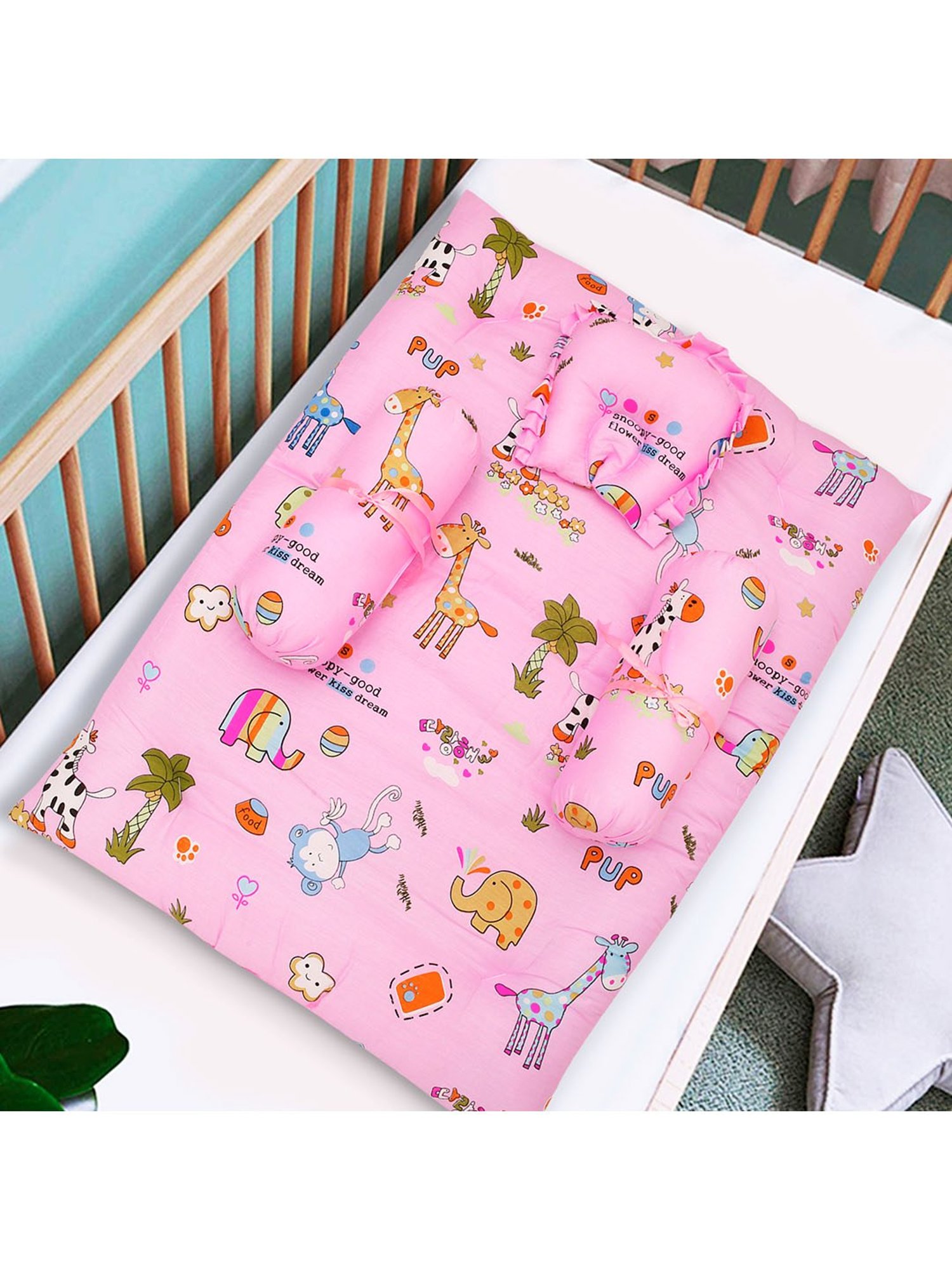 Baby Moo Savanna Ooh Na Na Pink Mattress Set with Neck Pillow and Bolsters