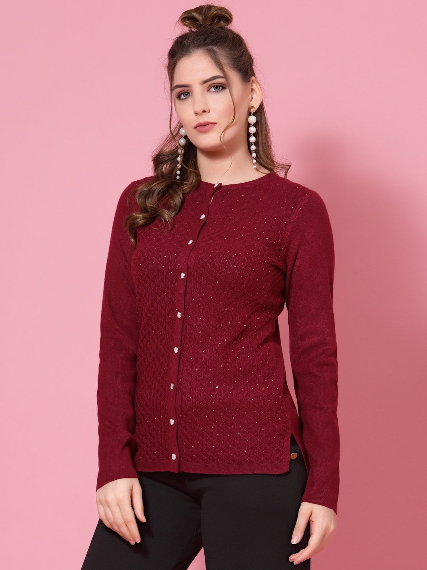Mafadeny Maroon Embellished Cardigan
