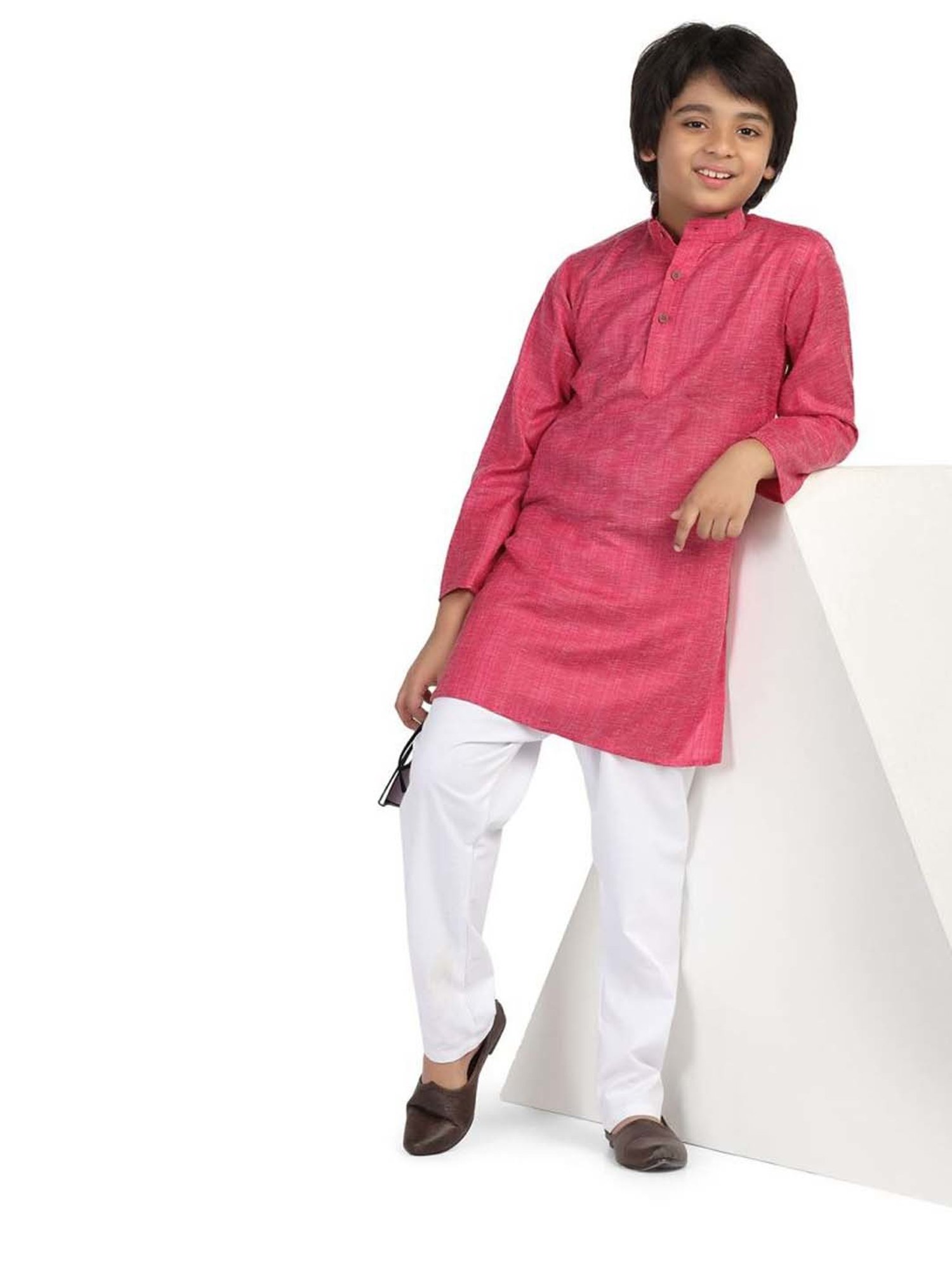 TAHVO Kids Pink & White Slim Fit Full Sleeves Kurta Set