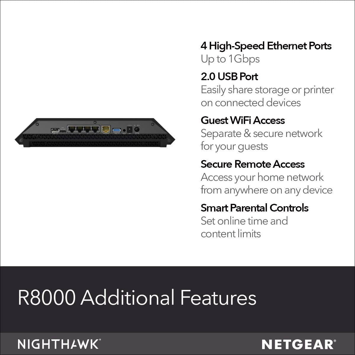 NETGEAR Nighthawk X6 Smart Wi-Fi Router (R8000) - AC3200 Tri-band Wireless Speed (Up to 3200 Mbps) | Up to 3500 Sq Ft Coverage & 50 Devices | 4 x 1G Ethernet and 2 USB ports | Armor Security