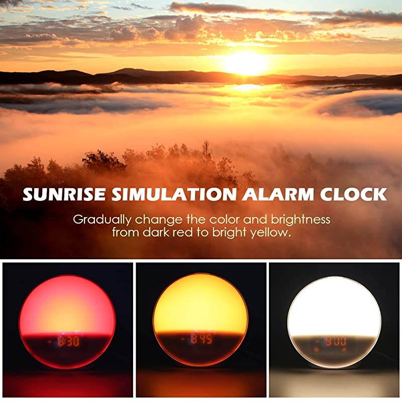 Sunrise Alarm Clock  Upgrade Smart Wake Up Light Compatible with AlexaEchoGoogle 8 Colors Sunrise Simulation and Sunset Fading Night Light for Bedrooms with FM Radio 4 AlarmsSnooze