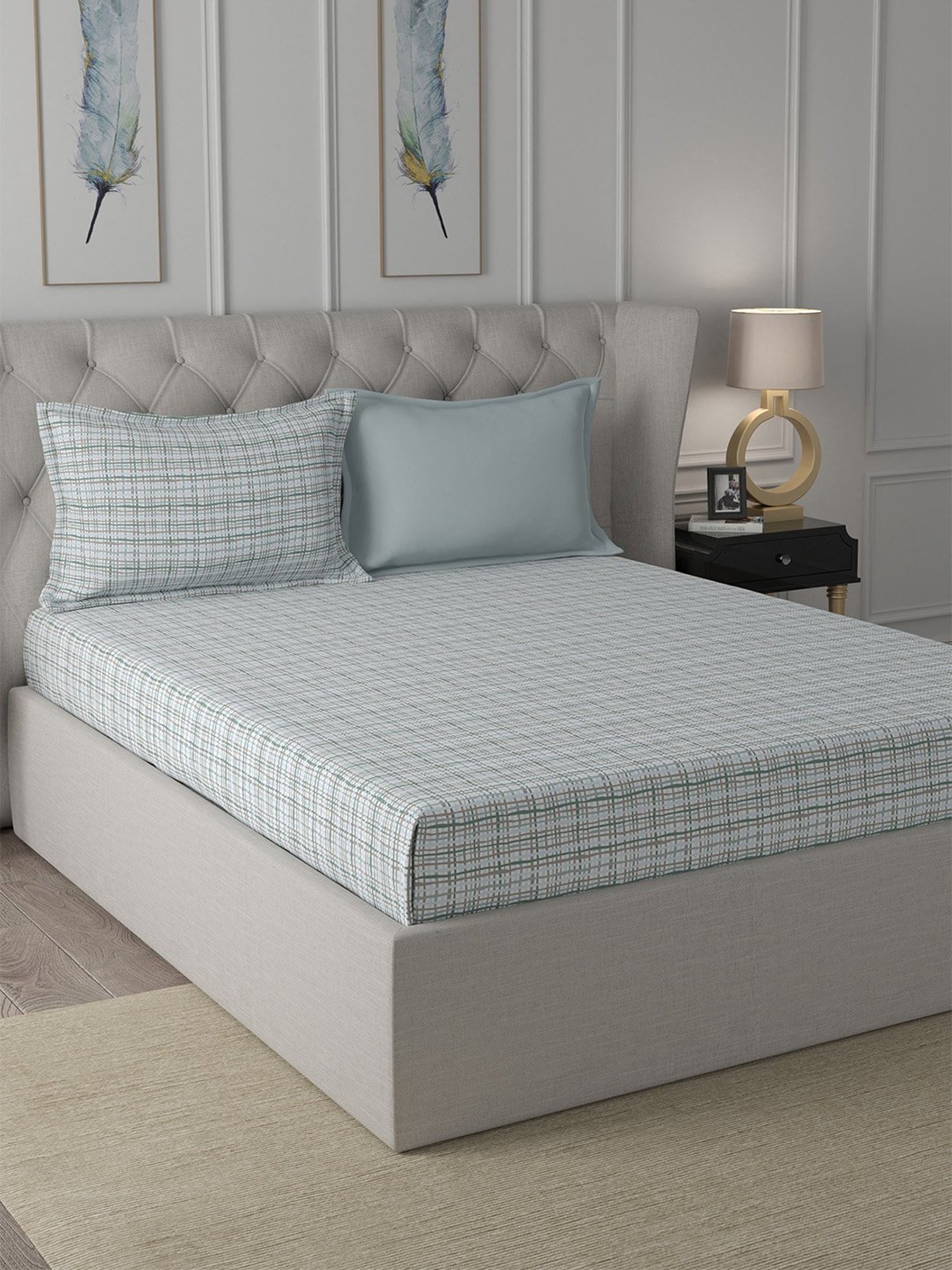 In-House by Maspar Blue 200 TC Cotton Printed Bed Sheet with 2 Pillow Cover