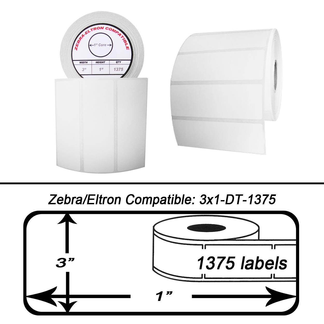 Zebra/Eltron-Compatible 3 x 1 Labels (3" x 1") -- BPA Free! (9 Rolls; 1,375 Labels per Roll)
