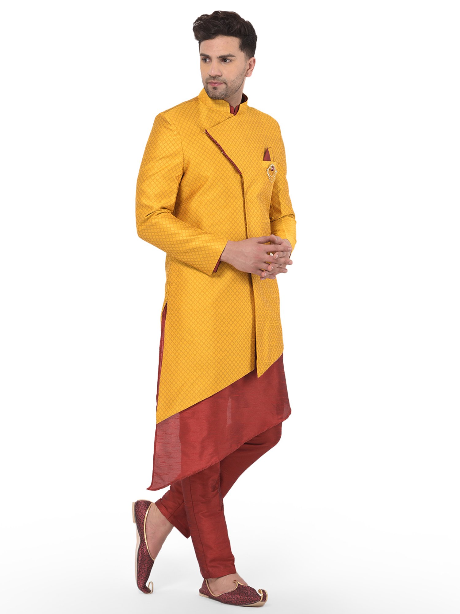 SG RAJASAHAB Yellow & Red Regular Fit Printed Kurta Set