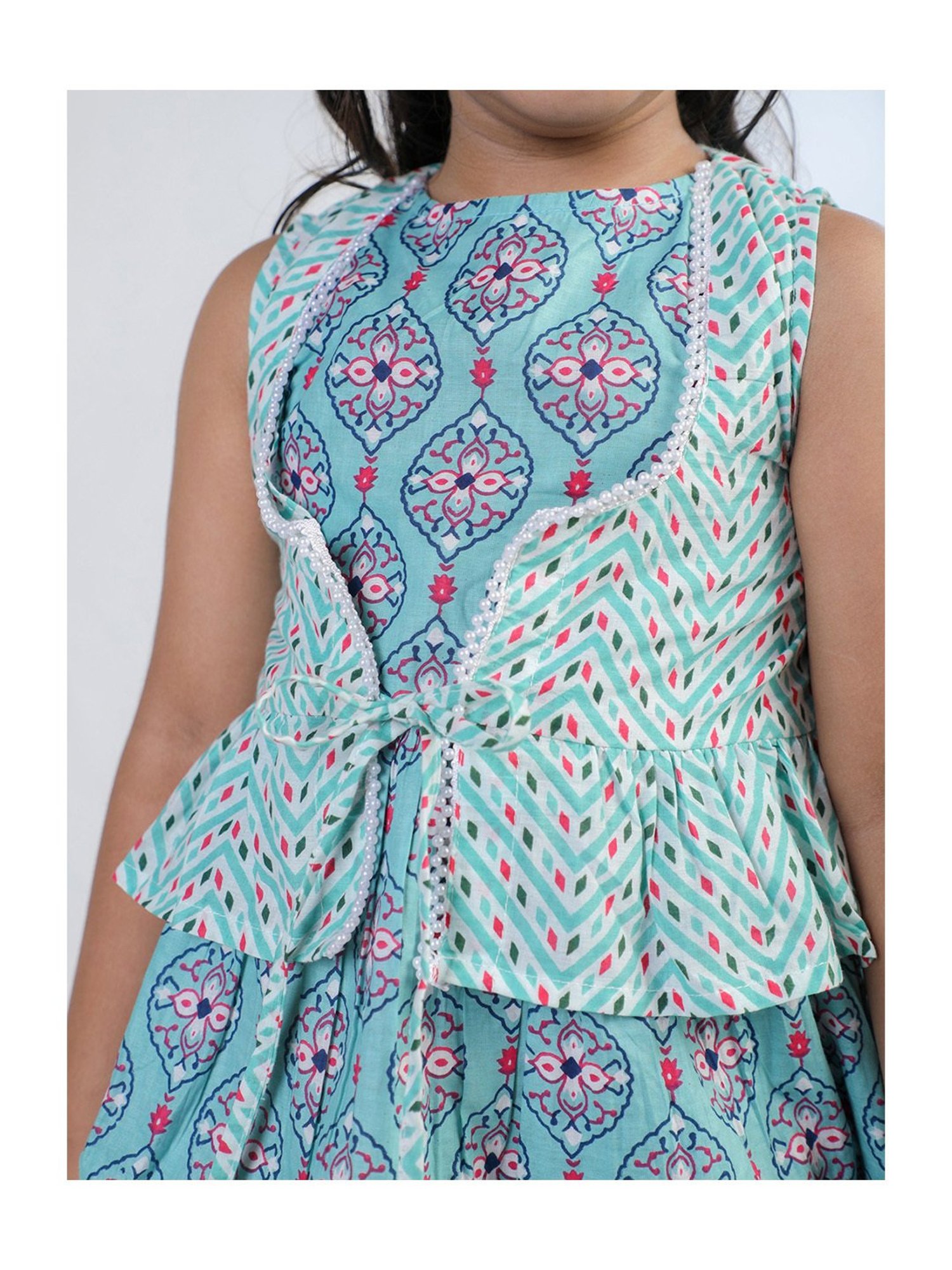 Budding Bees Kids Mint Green Printed Top, Dhoti with Scrunchie