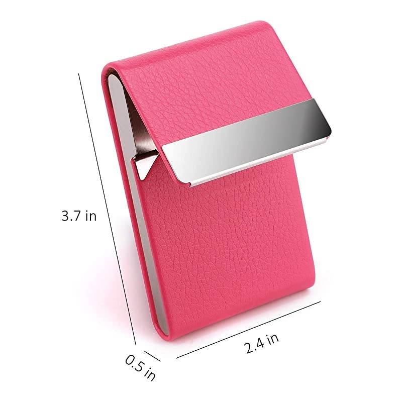Leather Business Card Holder for Women Leather Stainless Steel Business Card Case with Magnetic Shut Rose Red