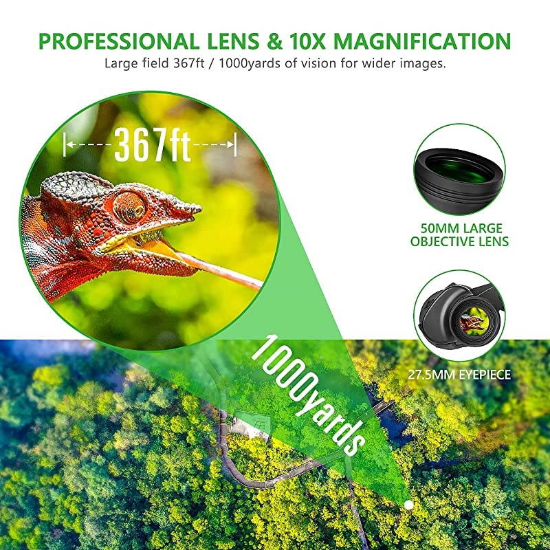 for Adults 10 x 50 High Powered for HD Waterproof Zoom, Powerful with Clear and Durable BAK-4 Prism FMC Lens for Bird Watching, Travel, Hunting, Concerts, Football.