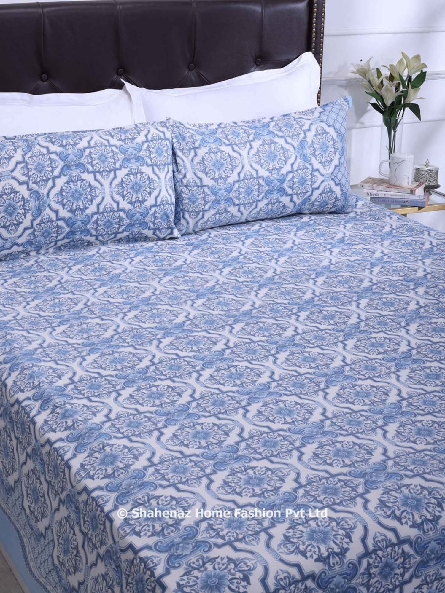 Shahenaz Blue 120 TC Cotton Nandini Double Bedsheet with 2 Pillow Covers