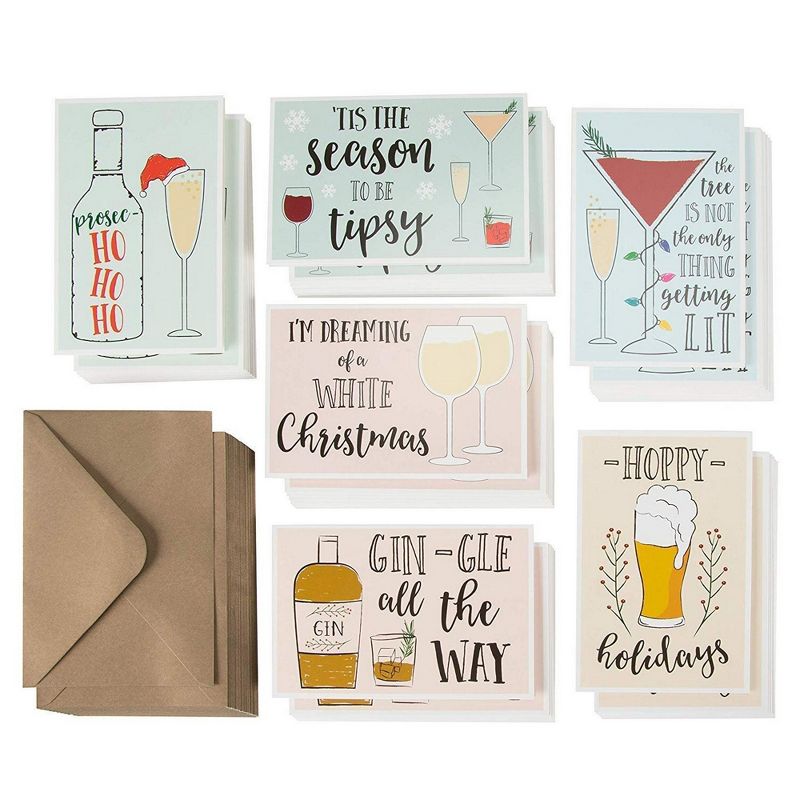 48-Pack Merry Christmas Greeting Cards Bulk Box Set - Holiday Xmas Greeting Cards 6 Drinking Holiday Funny Pun Designs, Assorted Cards Envelopes, 4x6"