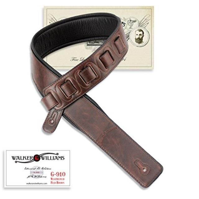 walker & williams g910 mahogany brown weathered natural finish guitar strap with padded glove leather back