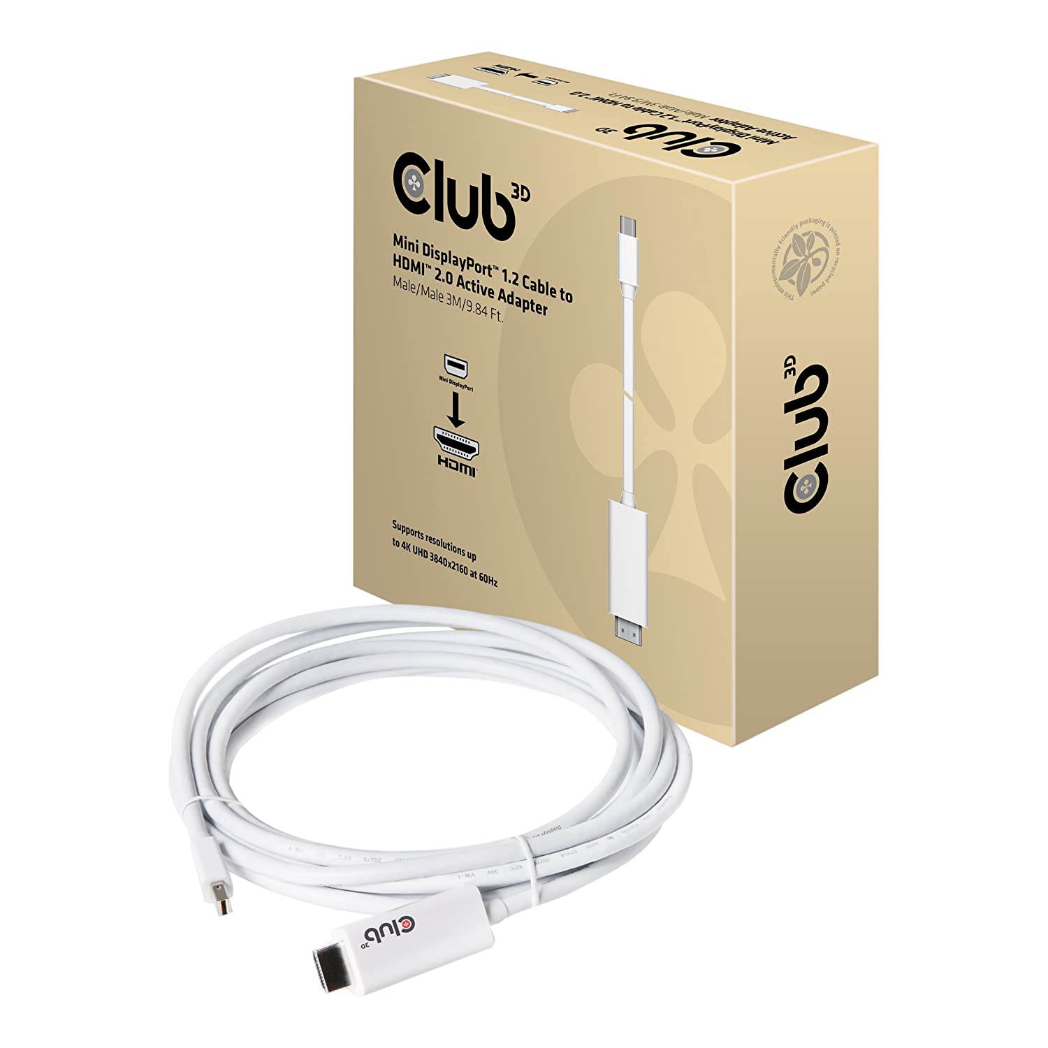 Club3D CAC-1173 Mini DisplayPort 1.2 Cable to HDMI 2.0 Active Adapter, White 3M/9.84