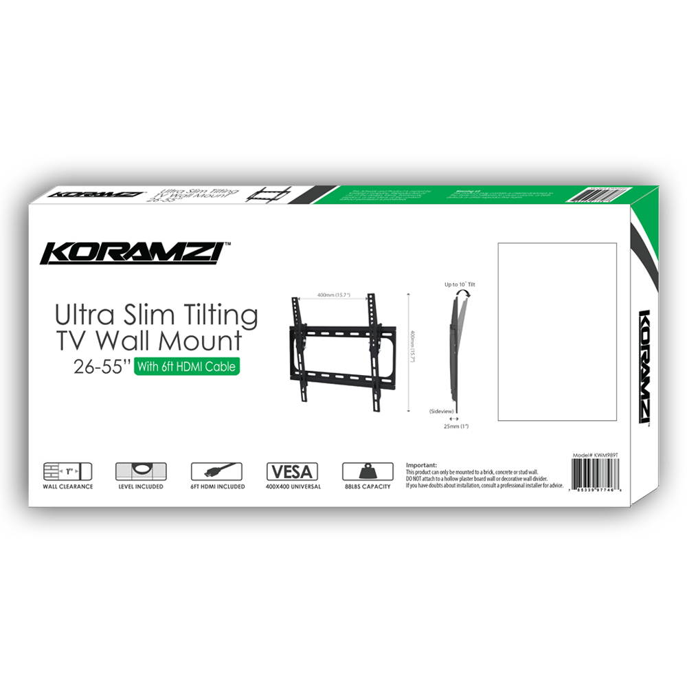 Tilt TV Wall Mount Bracket Fits 26-55" TV's 400x400 VESA Low Profile Ultra Slim including Bubble Level & 6ft. HDMI Cable &-(Black)- KORAMZI KWM989T
