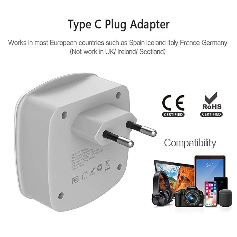 European Travel Plug Adapter  International Power Adaptor with 2 USB 2 American Sockets Europe Outlet Adapter for USA to Most of EU Iceland Italy Spain France Type C