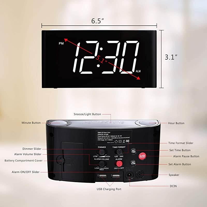 Digital Alarm Clock for Bedrooms Large 65quot LED Display with Dimmer Snooze 7 Color Night Light Easy to Set USB Chargers Battery Backup 1224 Hours for Heavy Sleepers Kids Desk Elderly