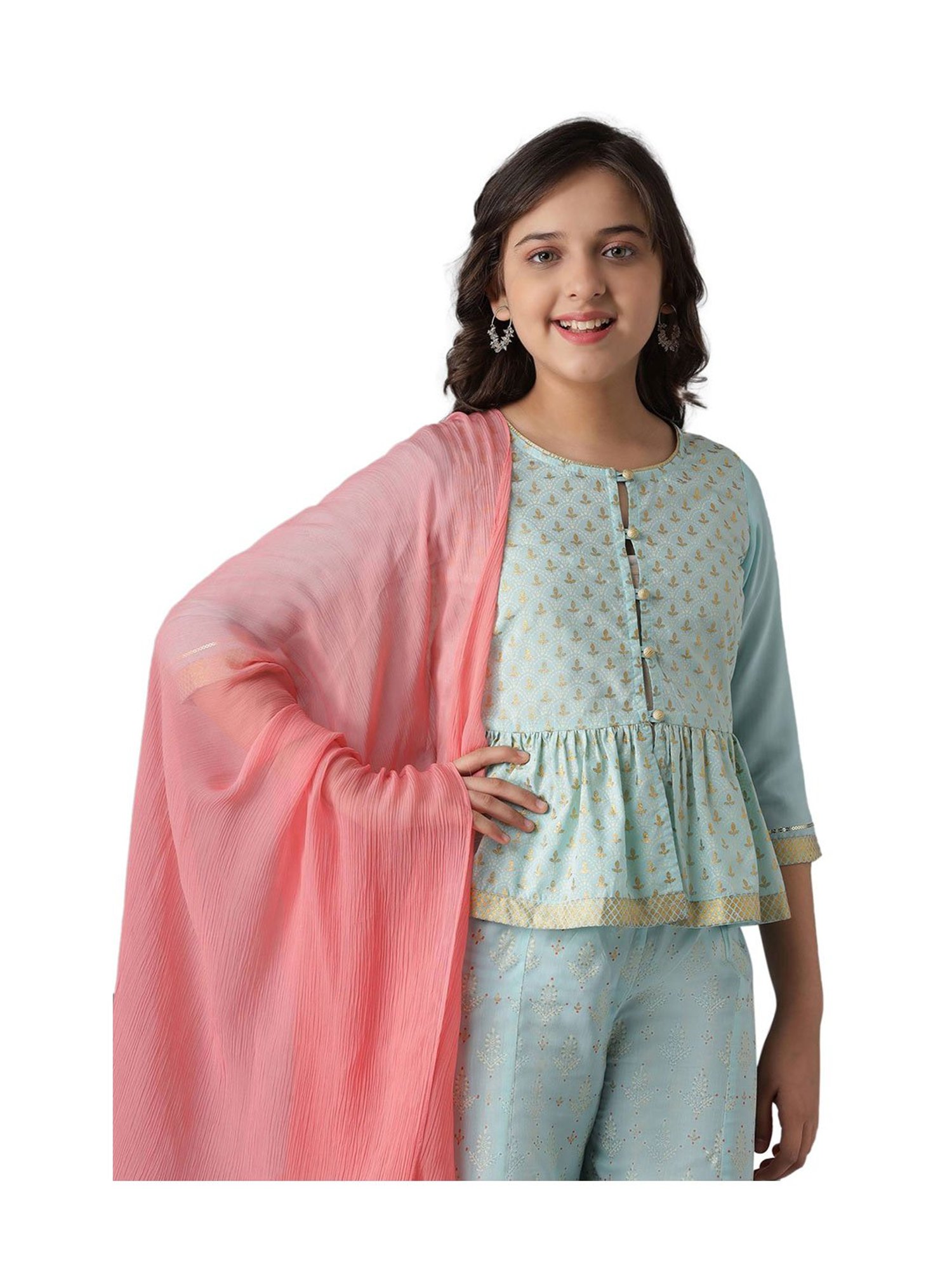Aurelia Kids Blue & Pink Printed Short Kurta, Palazzos with Dupatta