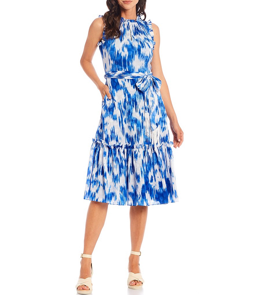 Tahari ASL Ikat Midi Ruffle High Neck Hem Self Tie Dress