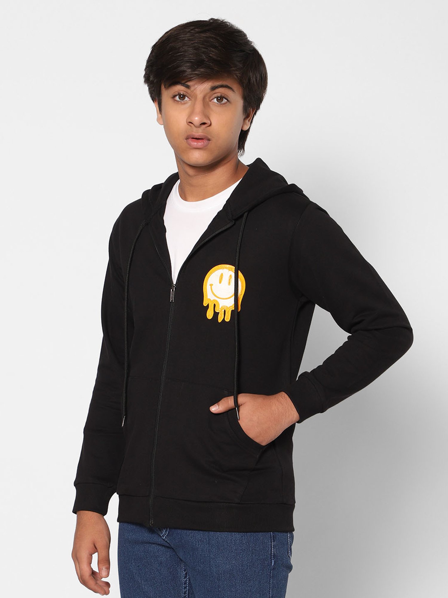 TeenTrums Boys Black Printed Full Sleeves Hoodie