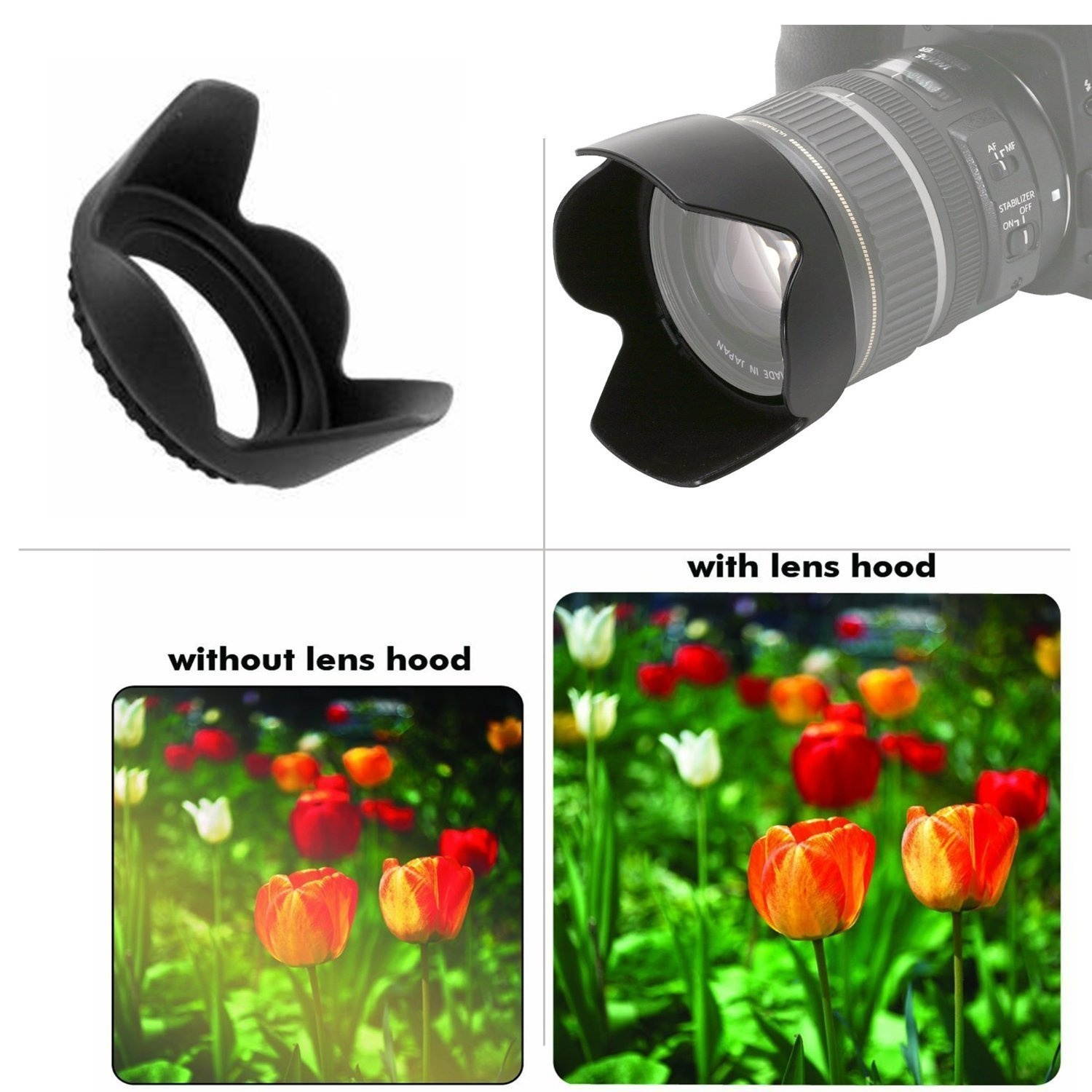 55mm Tulip Flower Lens Hood + 55mm Soft Rubber Lens Hood for Select Canon, Nikon, Olympus, Panasonic, Pentax, Sony, Sigma, Tamron SLR Lenses, Digital Cameras and Camcorders + MicroFiber Cleaning Cloth