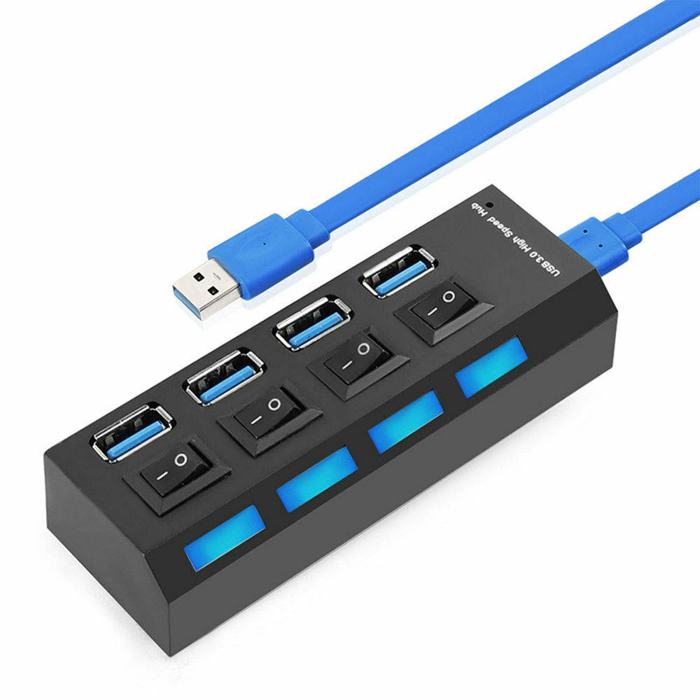 4 Port USB Hub, Portable SuperSpeed USB 3.0 Hub, Individual On/Off Switches LED, USB Extension Multi-function USB Dock Hot Swapping Support, Come with US AC Power Plug