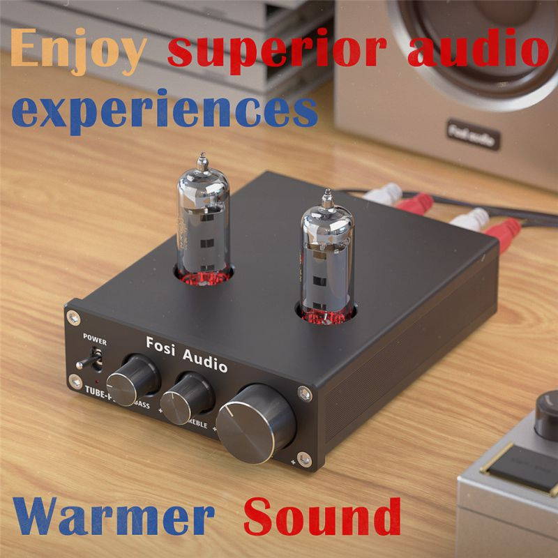 Fosi Audio P1 Tube Pre-Amplifier Mini Hi-Fi Stereo Buffer Preamp 6K4 Valve & Vacuum Pre-amp with Treble & Bass Tone Control for Home Theater System
