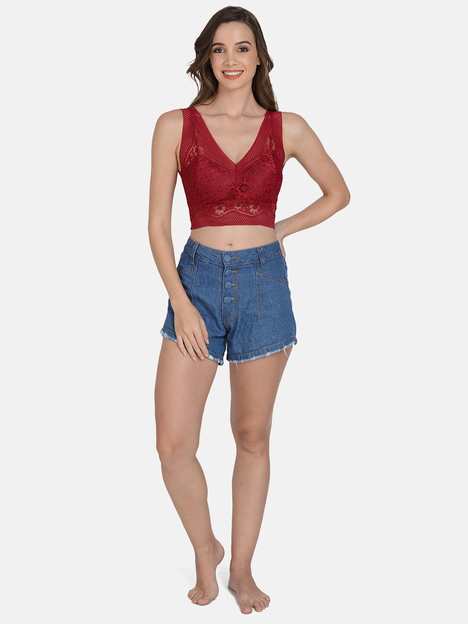 mod & shy Maroon Lace Work Removable Padded Bralette Bra