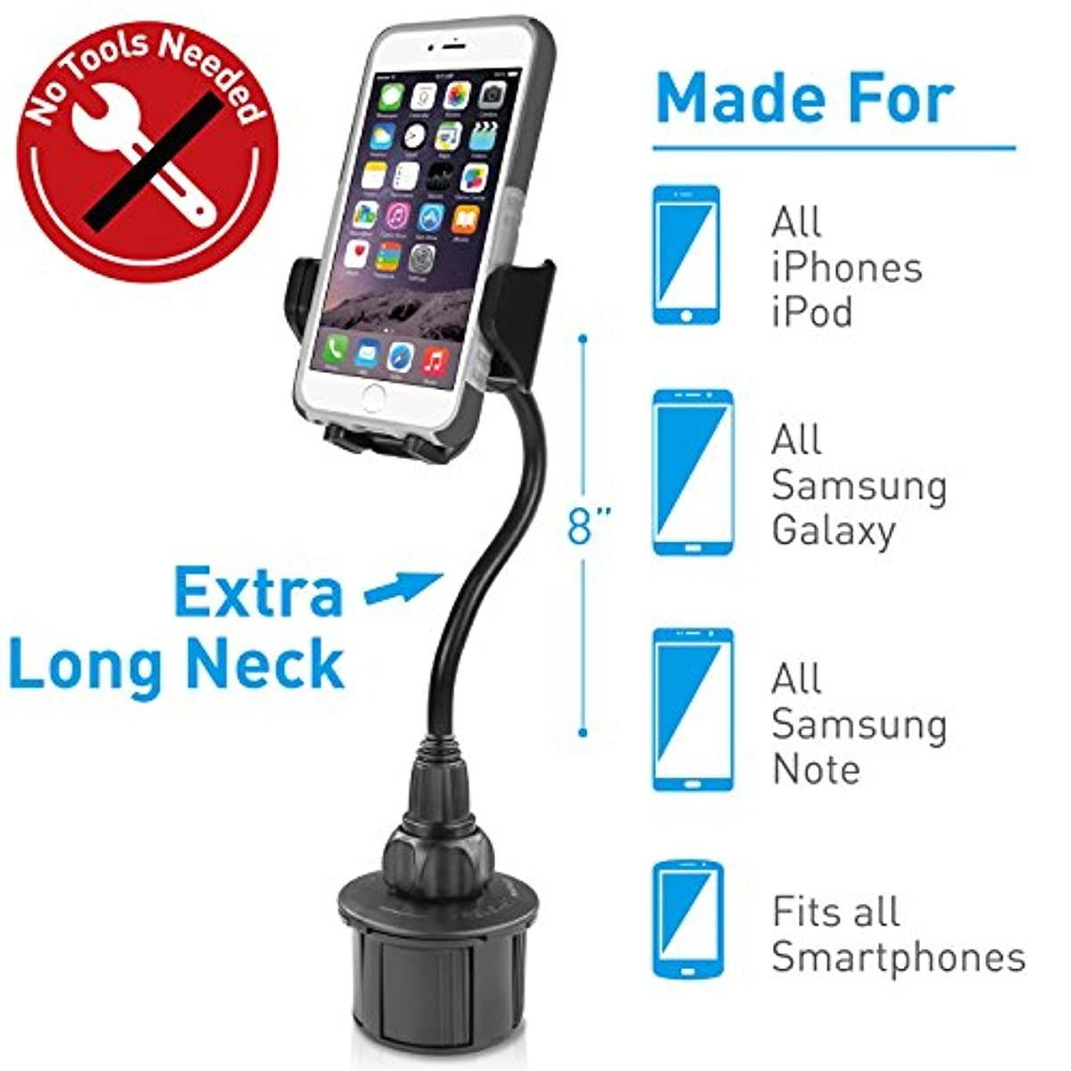 Macally Car Cup Holder Phone Mount - 8&rdquo; Long Flexible Gooseneck with 360&deg; Adjustable Holder - Securely Fits Phones with/without Case up to 4.1&rdquo; Wide - Easy to Use Cup Phone Holder for Car SUV or Truck