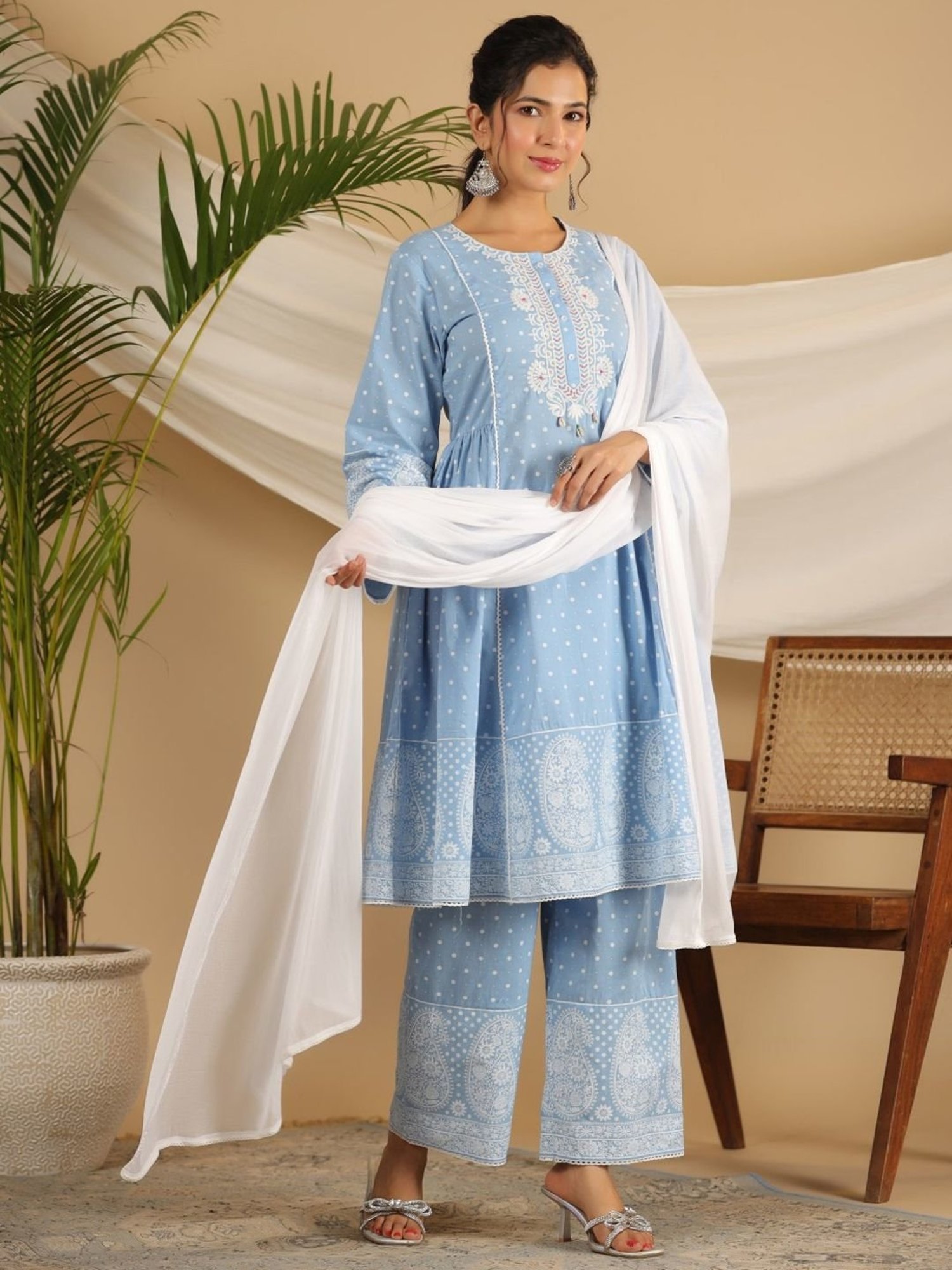Juniper Cotton Powder Blue Ethnic Motif Print Kurta Palazzo With Dupatta Set With Thread Embroidery