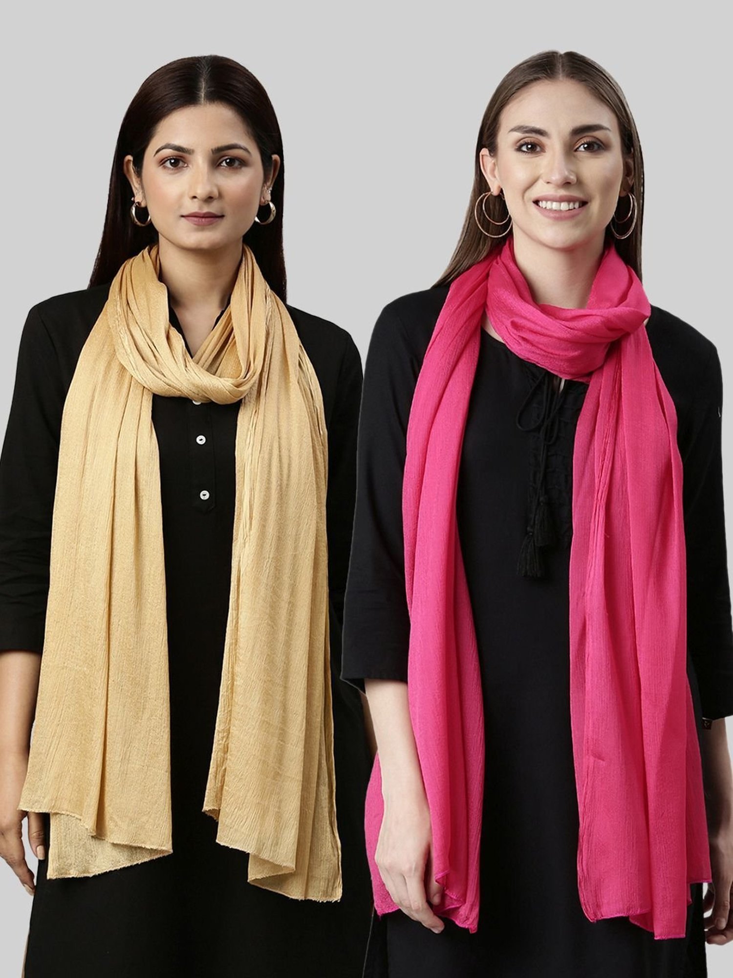 TWIN BIRDS Golden & Pink Plain Dupatta - Pack Of 2