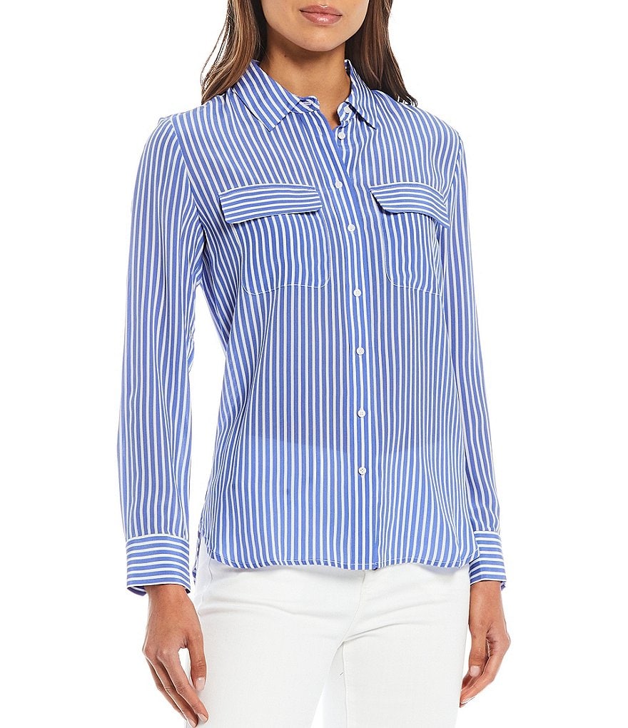 A Loves A Classic Long Sleeve Button Down Silk Striped Shirt