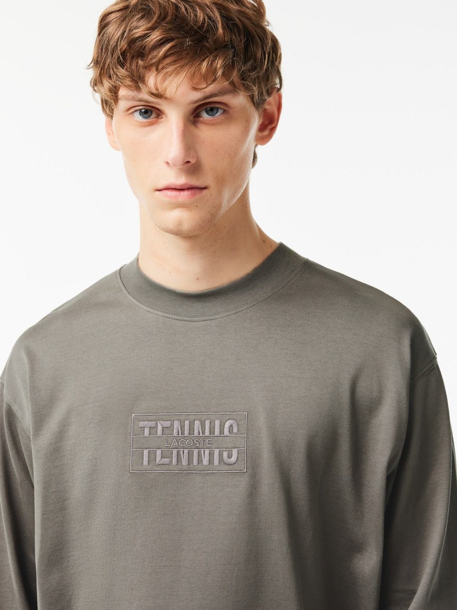 Lacoste Grey Cotton Loose Fit Self Pattern T-Shirt