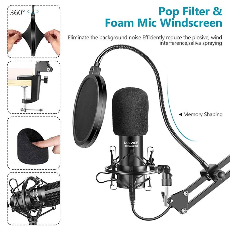 USB Microphone Kit, Plug & Play 192kHz/24-Bit Supercardioid Condenser Mic with Boom Arm and Shock Mount for YouTube Vlogging, Gaming, Podcasting, and Zoom Calls, NW-8000-USB, Black