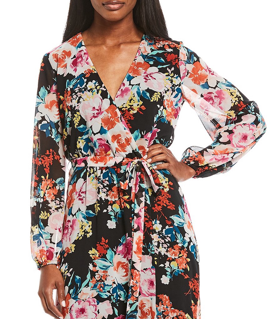 Marina Long Sleeve Floral Faux Wrap Ankle Length Dress