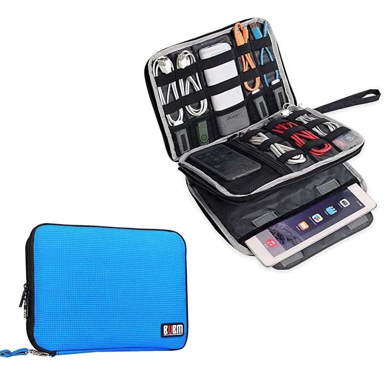 Double Layer Electronics Organizer/Travel Gadget Bag for Cables, Memory Cards, Flash Hard Drive and More, Fit for iPad or Tablet(up to 9.7")-Large, Blue