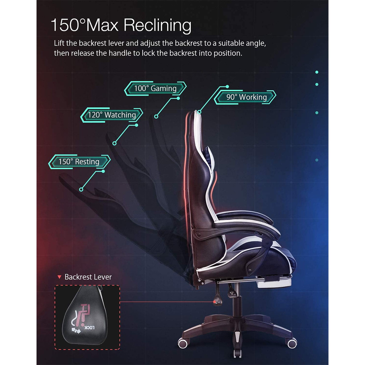 Gaming Office Ergonomic Computer Chair 150&deg;Reclining With Footrest