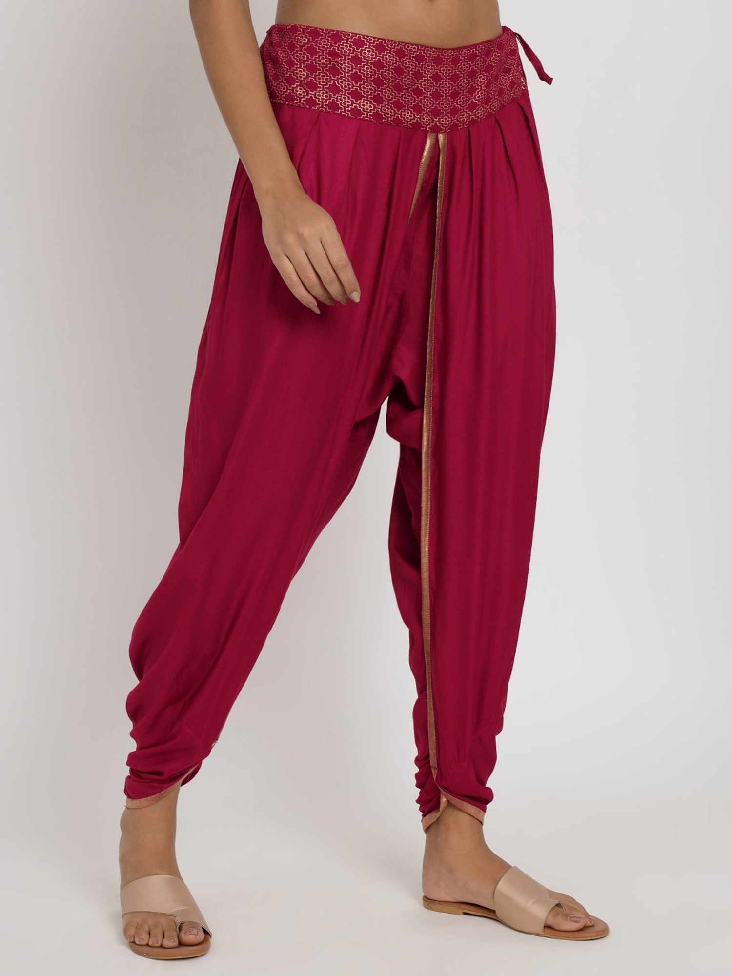 9rasa Maroon Hand Block Print Dhoti Pants