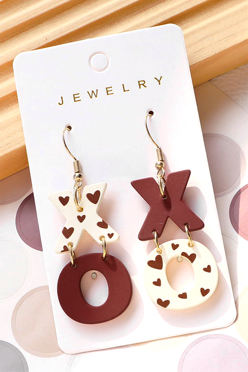 Khaki Hollow Out Wooden Chip Round Drop Earrings