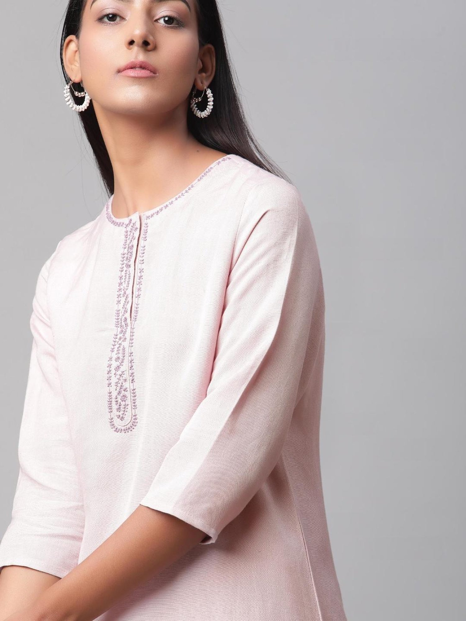 Linen Club Women Light Pink Embroidered Kurta